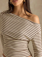Off-shoulder Striped Ribbed Long Sleeve T-shirt (7)