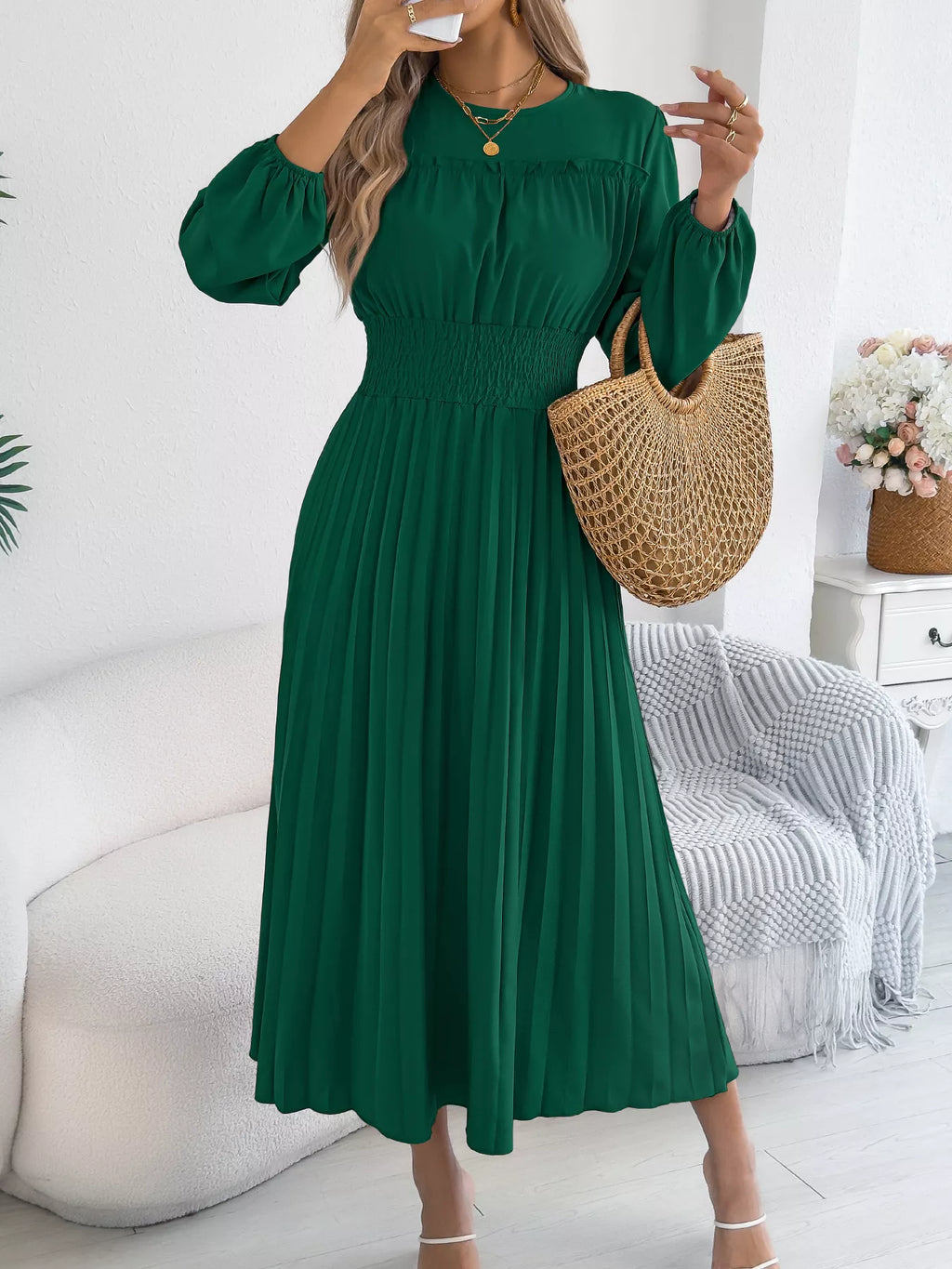 Smocked Pleated Long Sleeve Midi Dress (12)