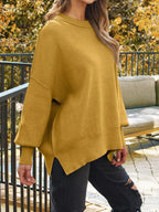 Slit Round Neck Dropped Shoulder Sweater (30)