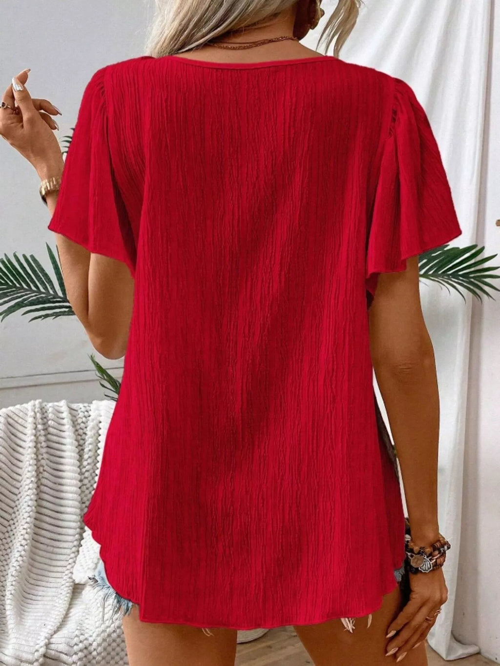 Embroidered Square Neck Flutter Sleeve Blouse (6)