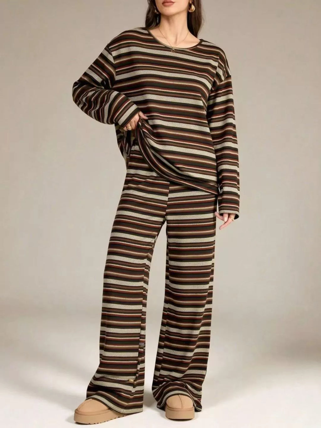 Striped Long-sleeve Top Wide-leg Pants Set (2)