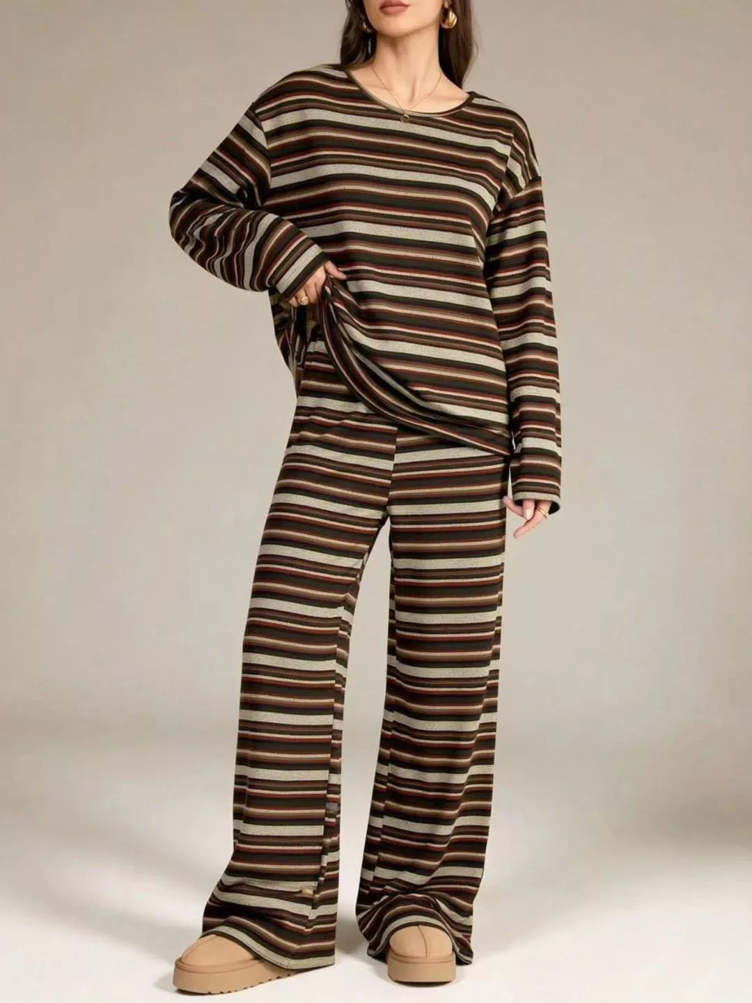 Striped Long-sleeve Top Wide-leg Pants Set (2)