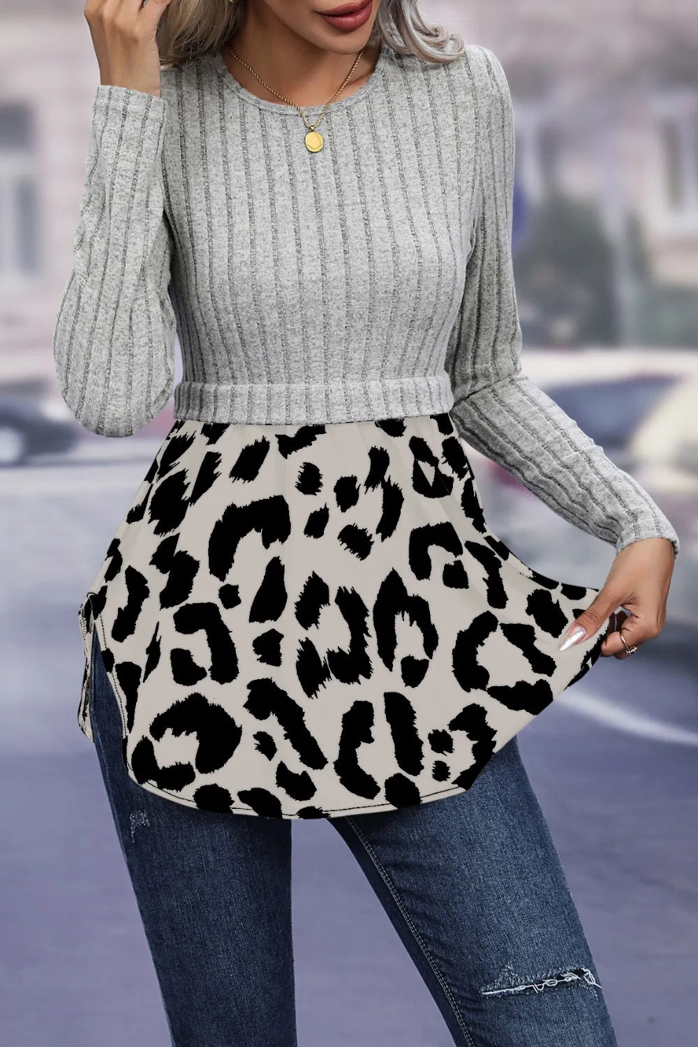 Leopard Peplum Round Neck Blouse (8)