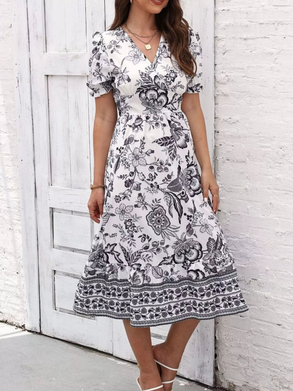 Floral Print Puff Sleeve Wrap Midi Dress (25)