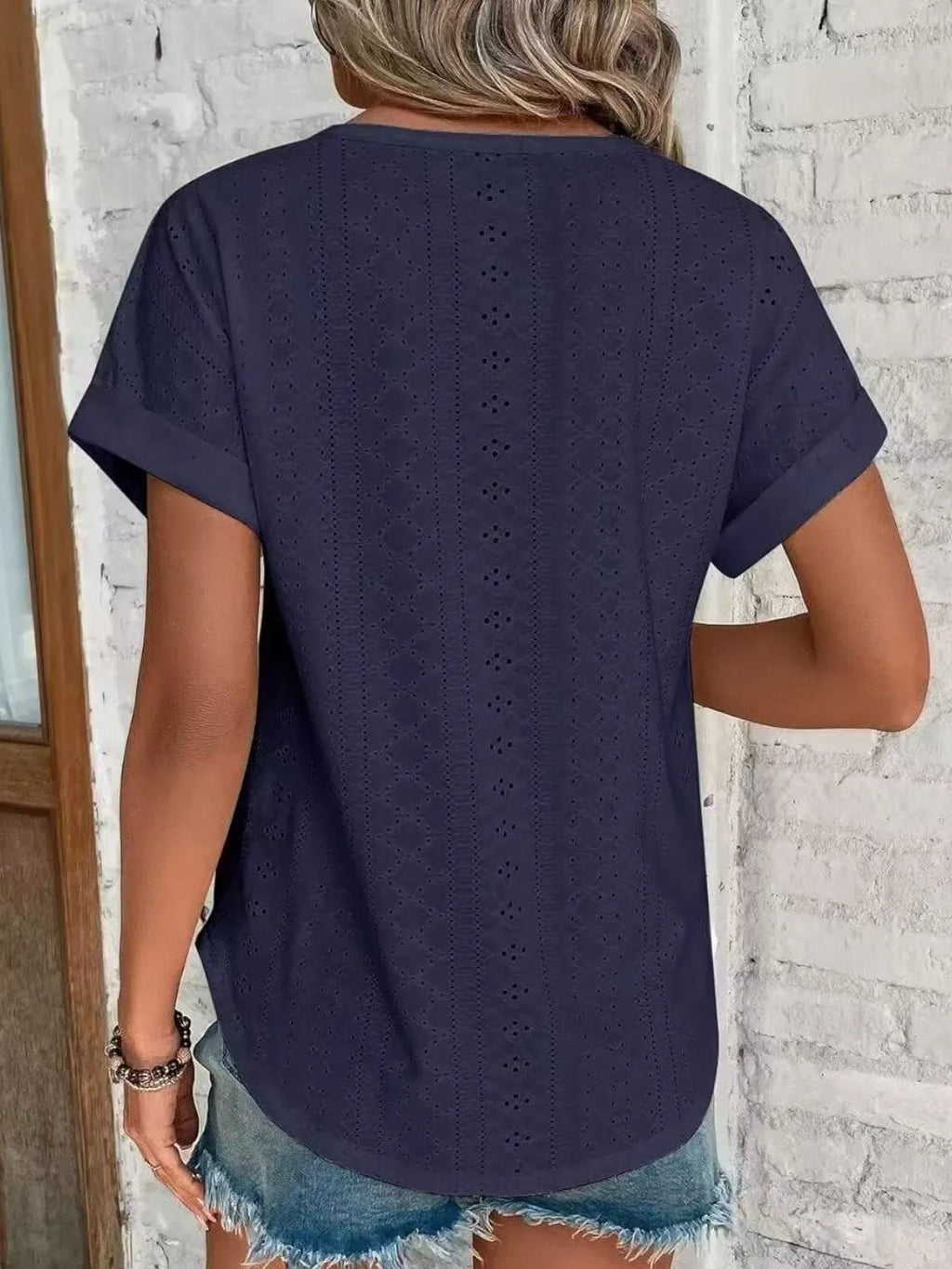 Eyelet Round Neck Short Sleeve Top (28)