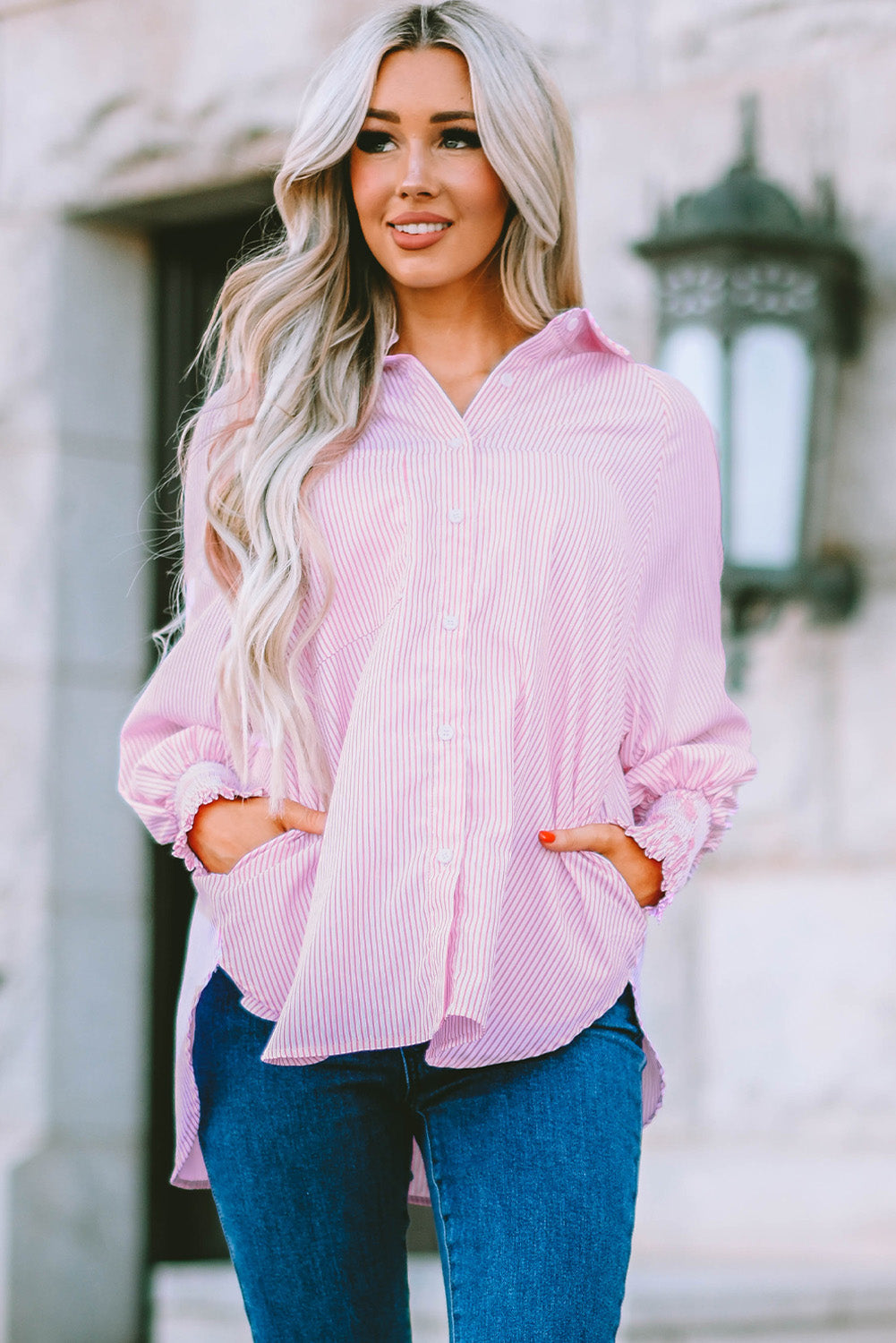 Striped Lantern Sleeve Collared Shirt (13)