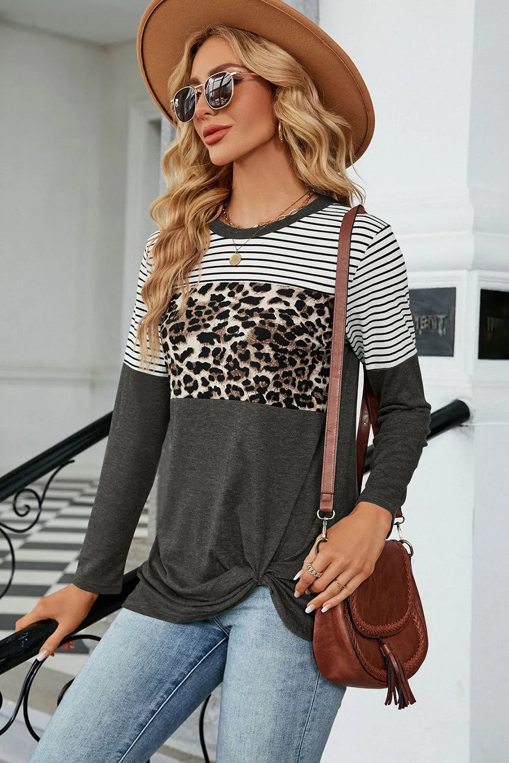 Leopard Striped Round Neck T-shirt (3)