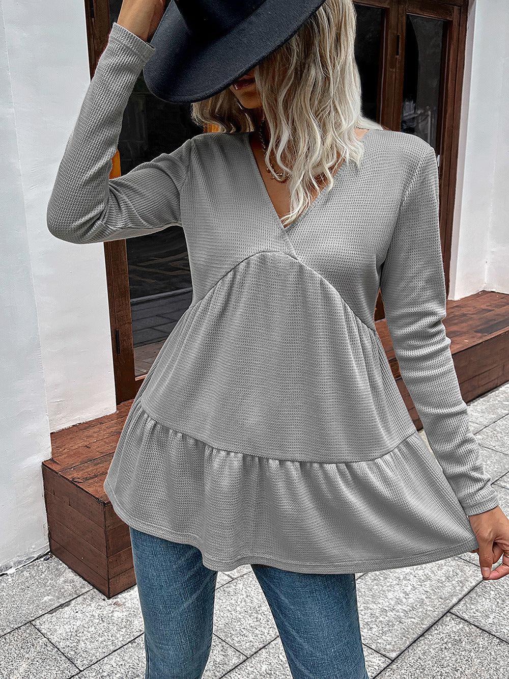 Waffle-knit V-neck Long Sleeve Blouse (3)