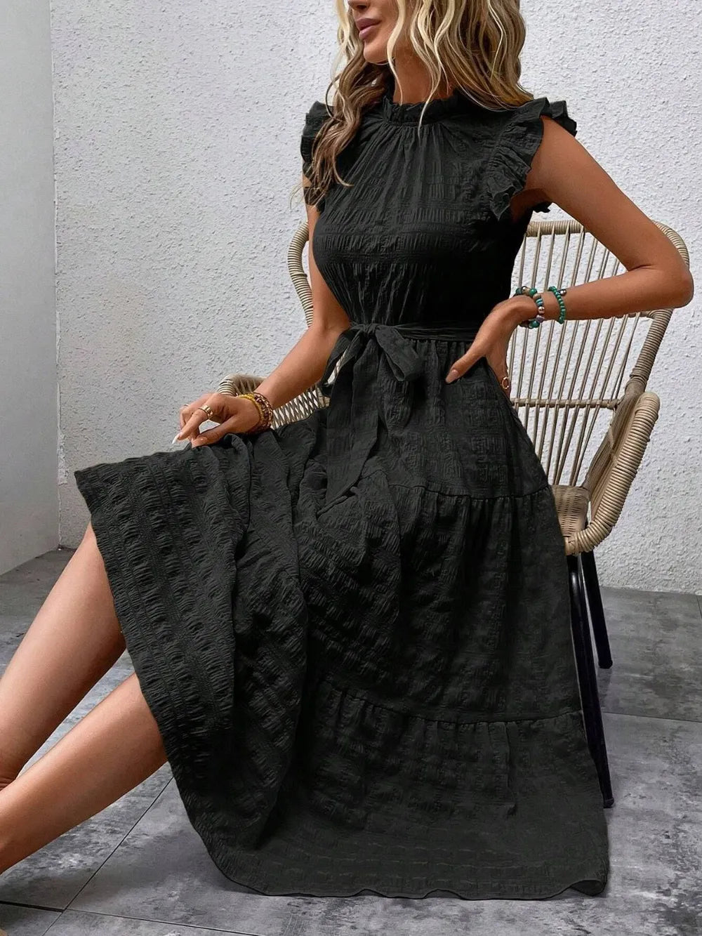 Tied Ruffled Cap Sleeve Midi Dress (17)