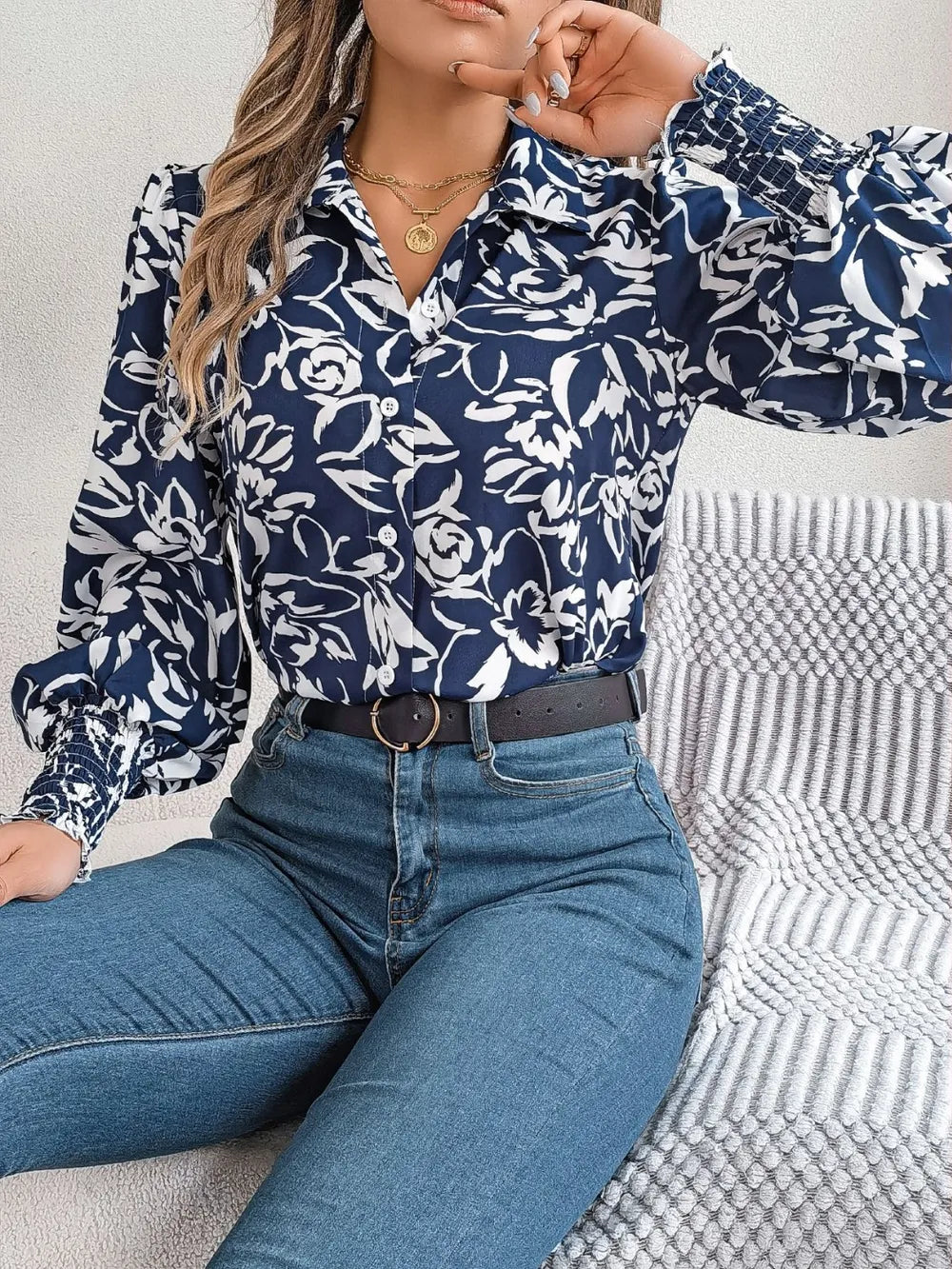 Printed Collared Neck Lantern Sleeve Shirt (15)