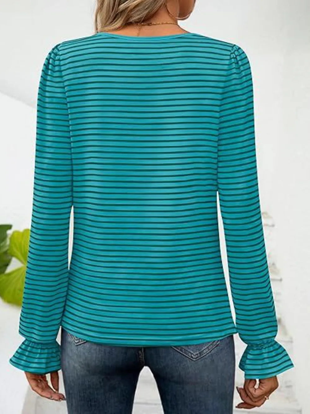 Striped Square Neck Flounce Sleeve Top (27)