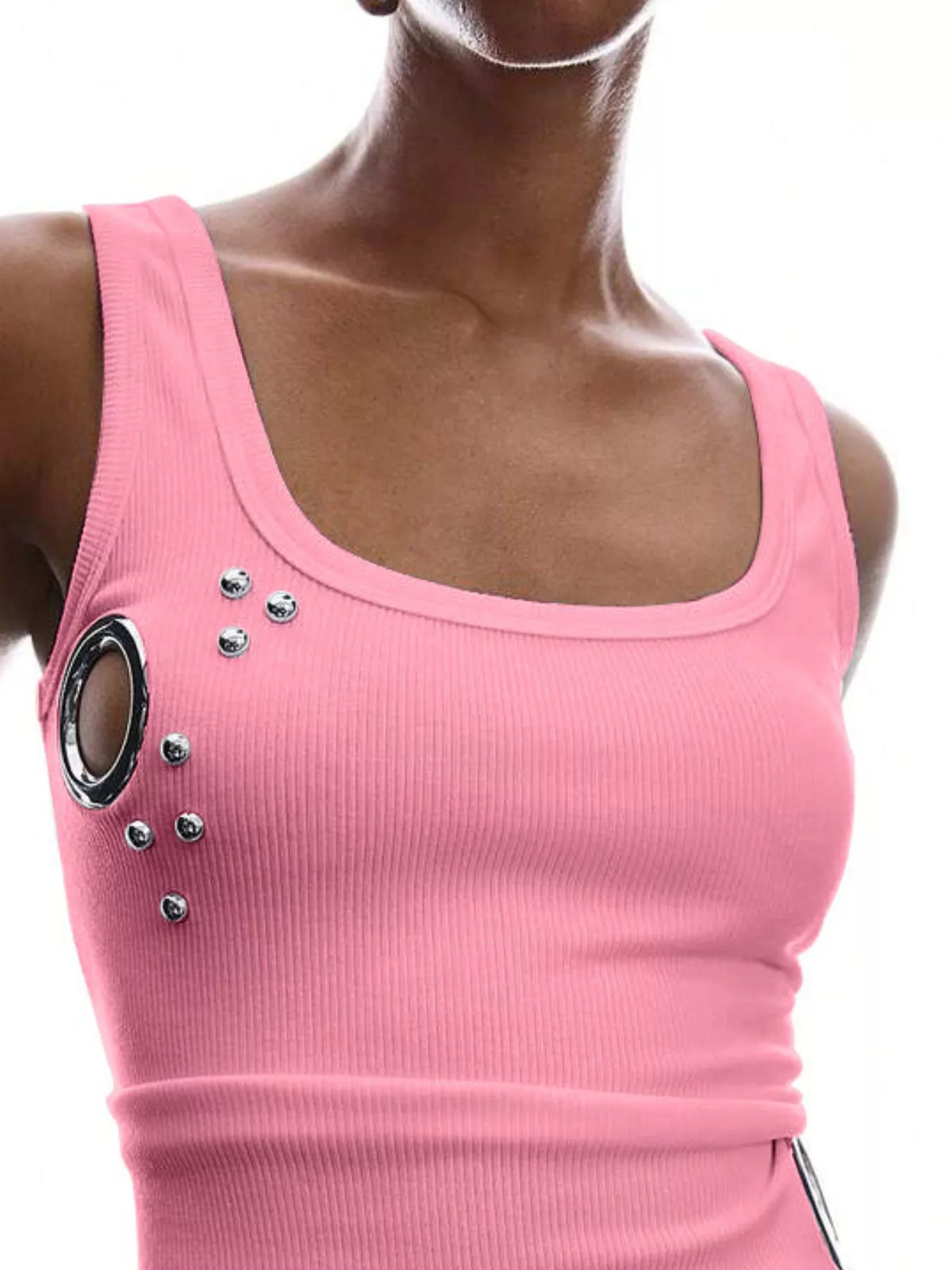 Ribbed Tank Top Metal Grommet Cutouts Stud Embellishments (17)
