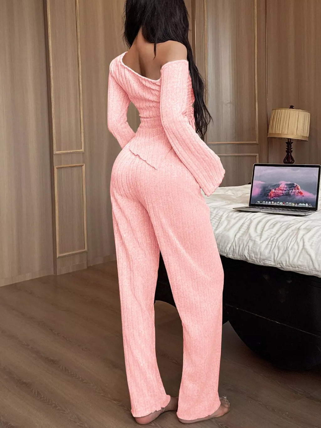 One-shoulder Ribbed Knit Top Pants Set (19)