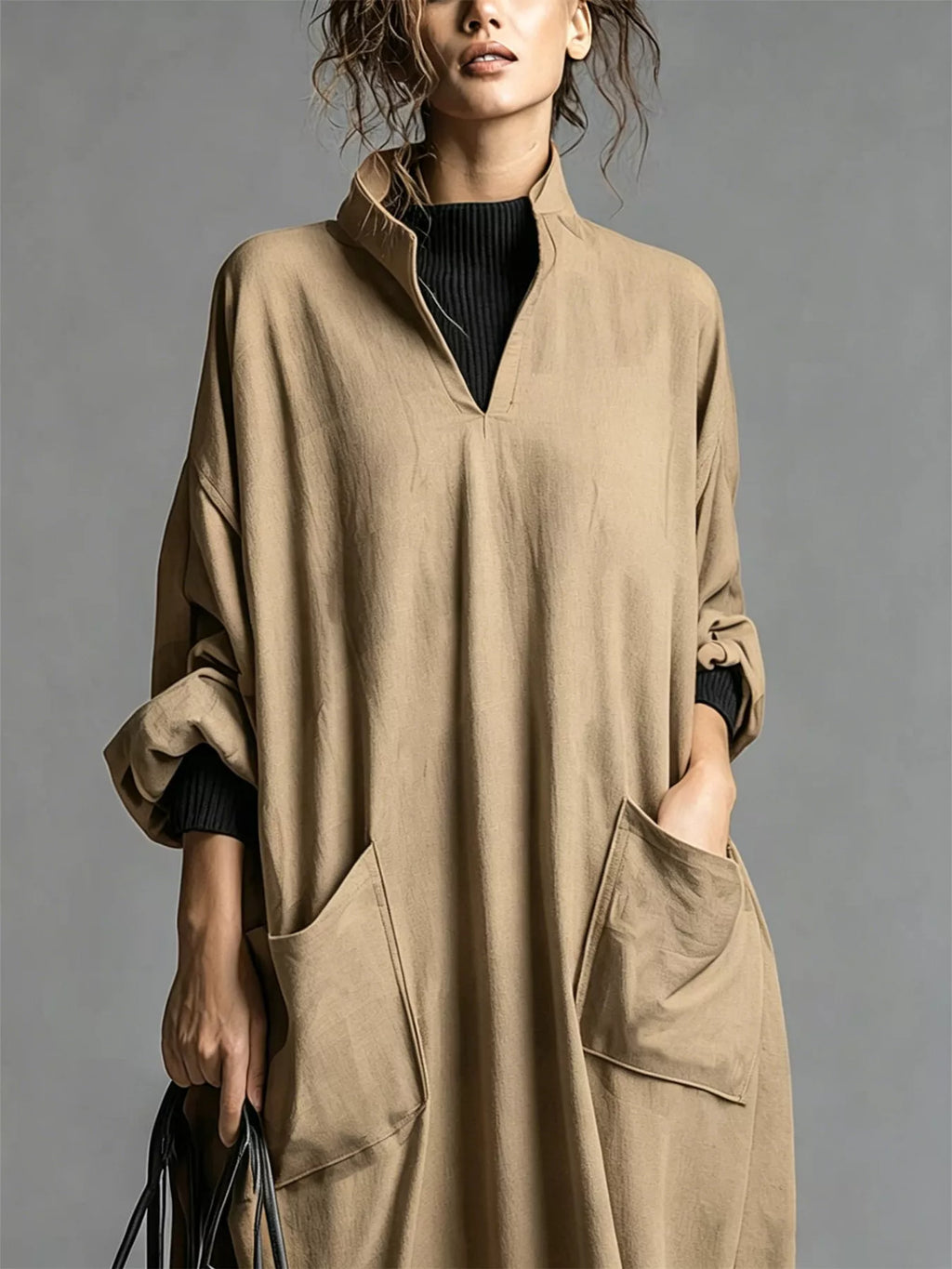 Full Size Loose-fit Mock Neck Midi Dress Pockets Plus (14)