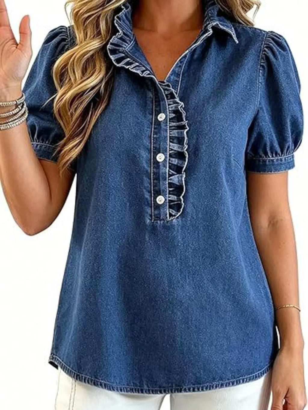 Frill Puff Sleeve Denim Top (13)
