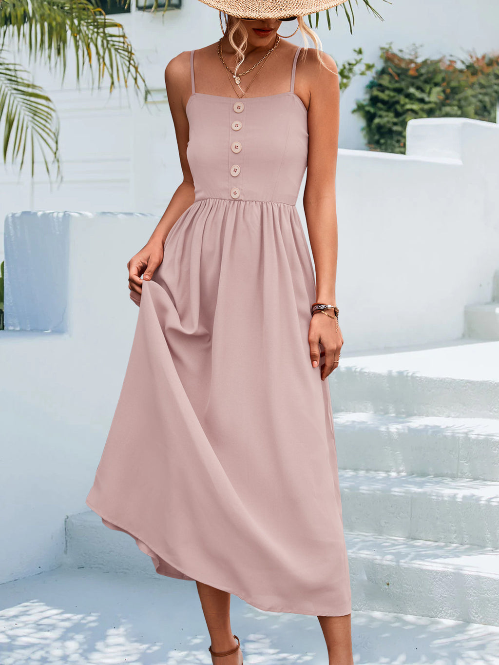 Decorative Button Spaghetti Strap Midi Dress (21)