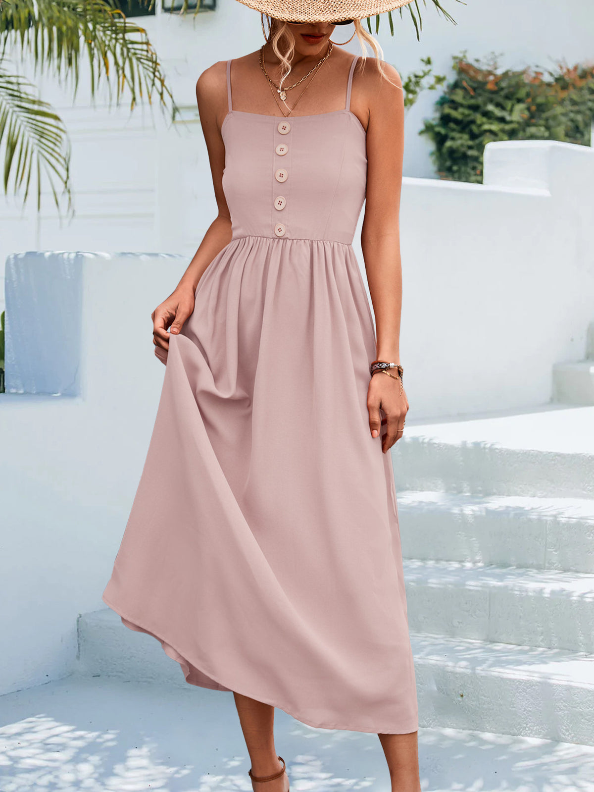 Decorative Button Spaghetti Strap Midi Dress (21)