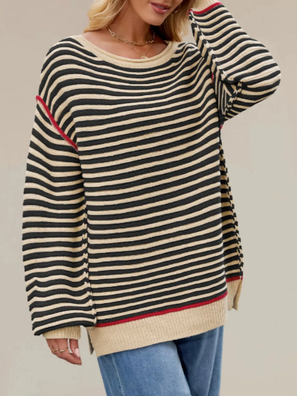 Slit Striped Oversized Sweater (6)