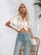 Button Down Collared Neck Short Sleeve Satin Shirt (23)