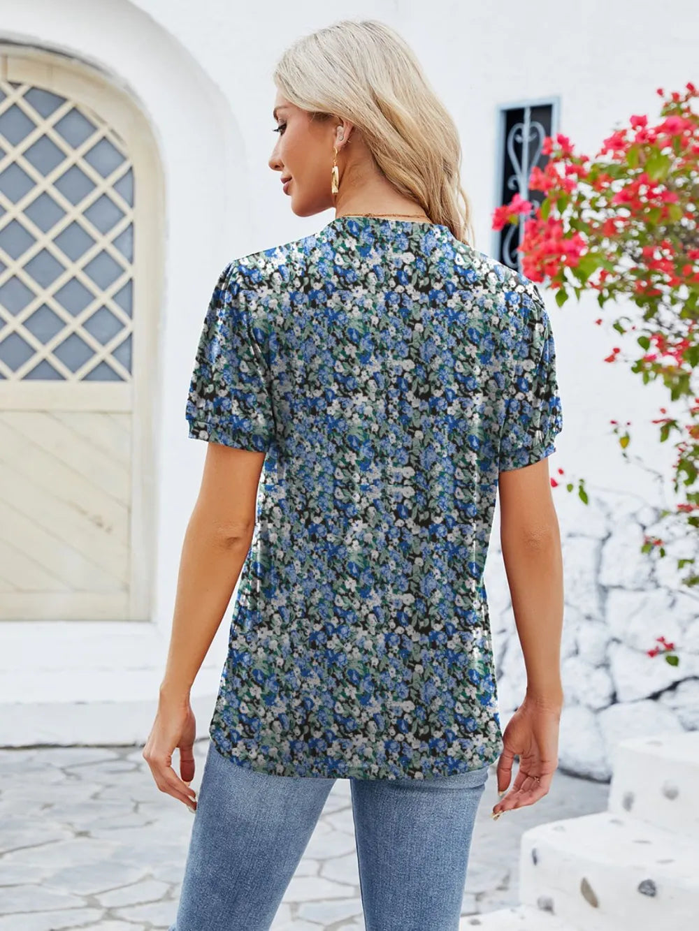 Ruched Printed Notched Short Sleeve Blouse (14)