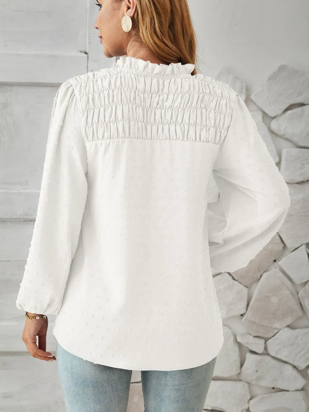 Ruched Swiss Dot Notched Balloon Sleeve T-shirt (2)
