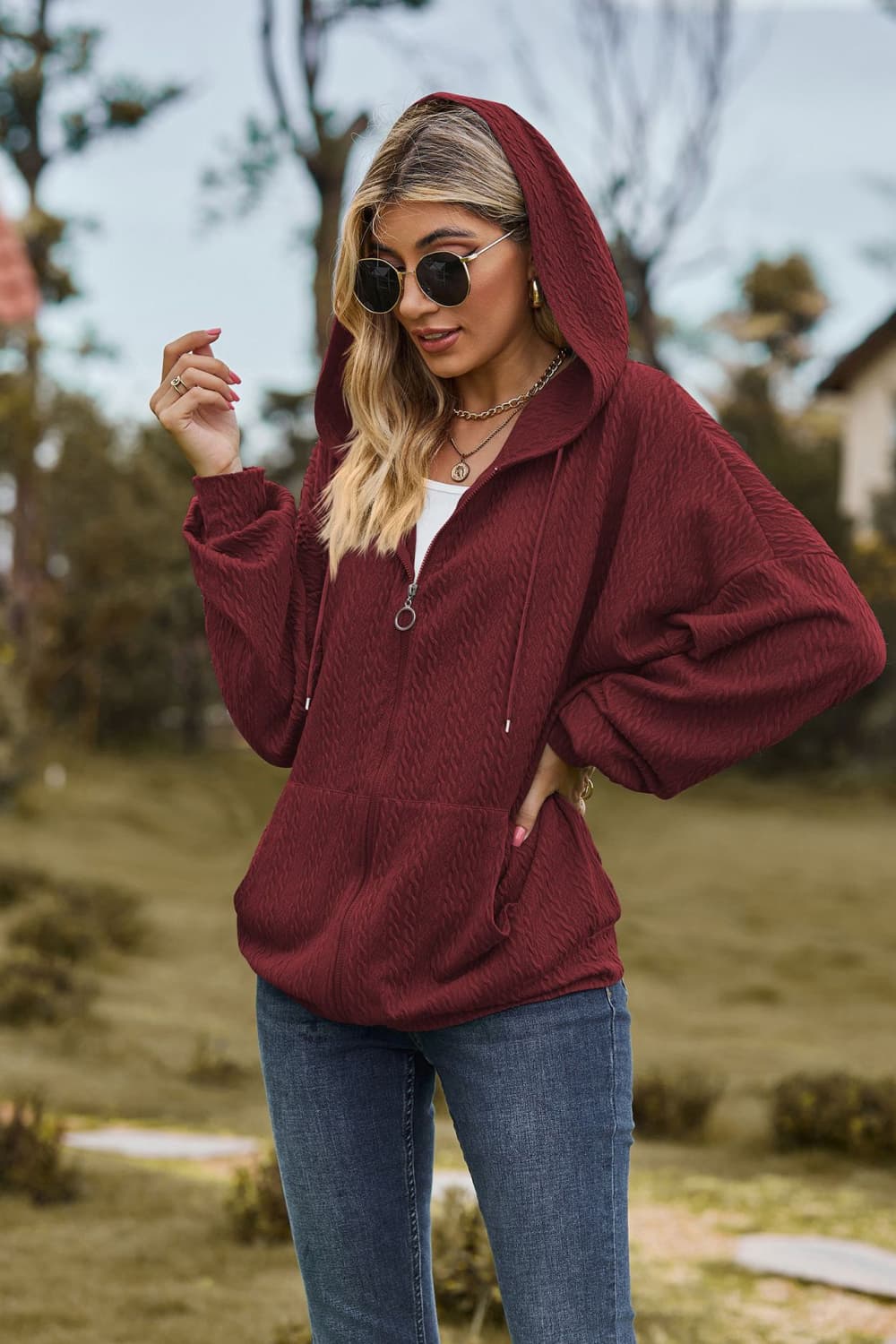 Cable-knit Long Sleeve Hooded Jacket (14)