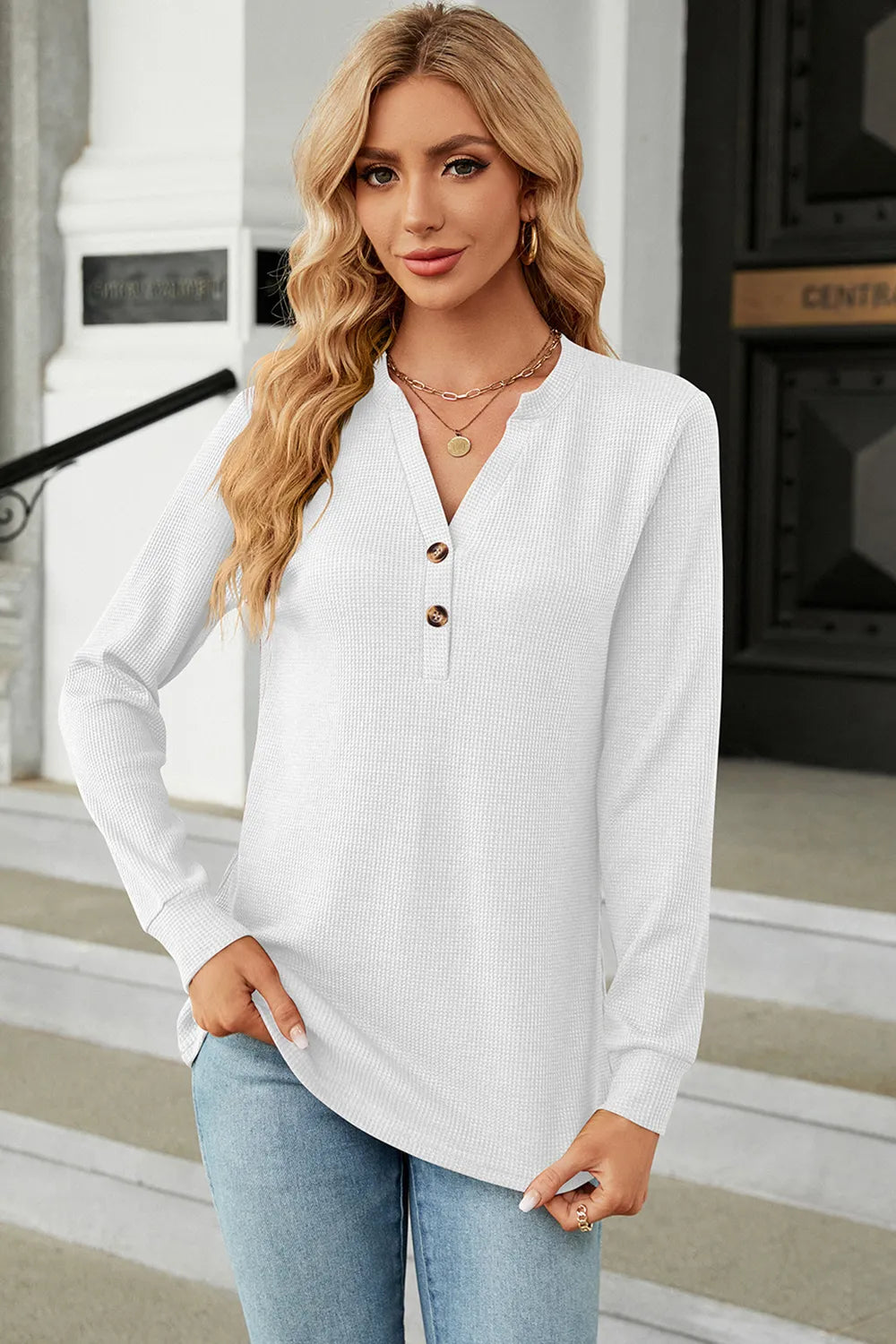 Waffle-knit Notched Long Sleeve T-shirt