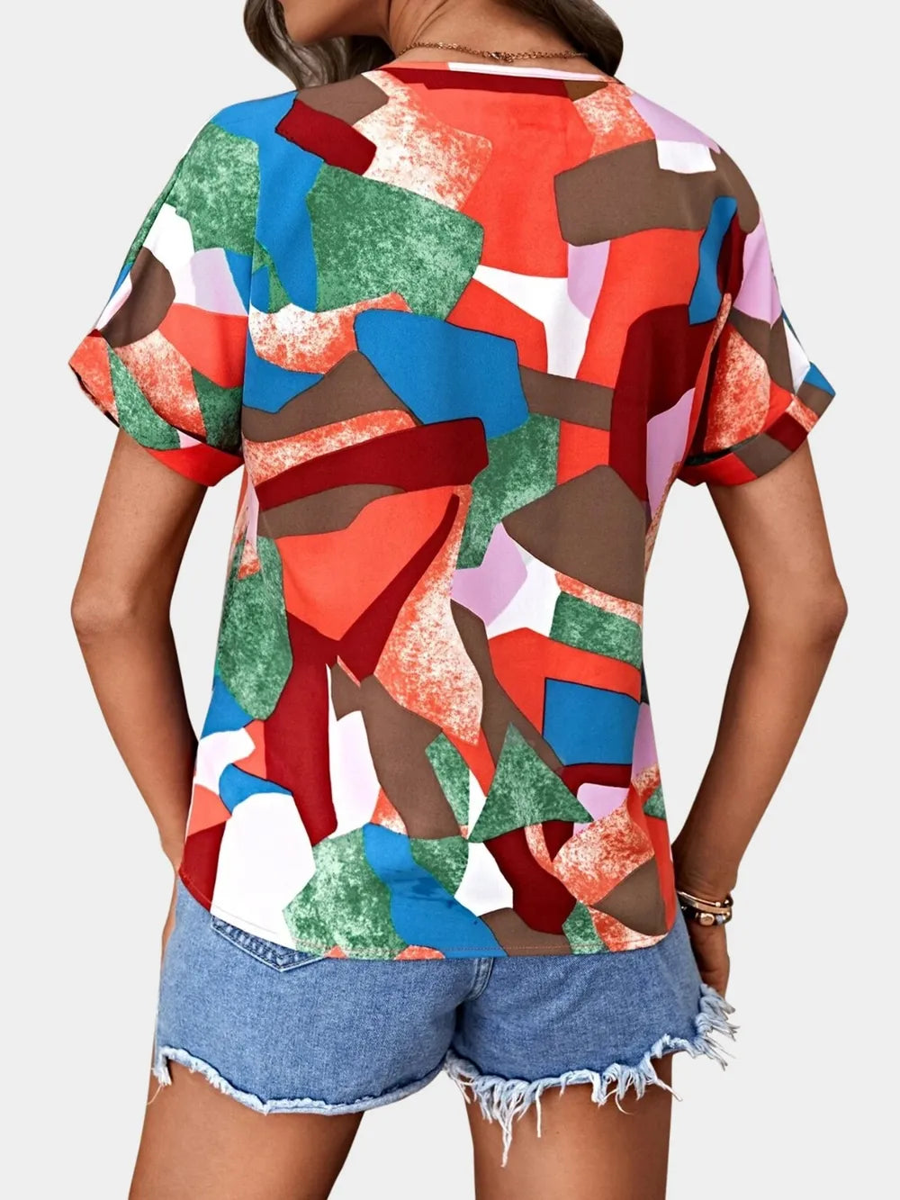 Printed V-neck Short Sleeve Blouse (22)
