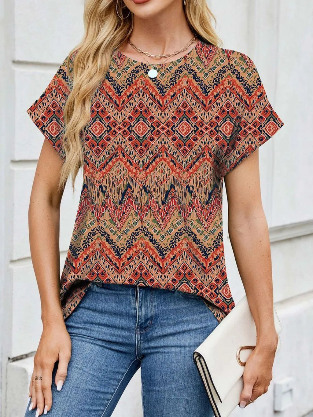 Printed Round Neck Short Sleeve Top (31)