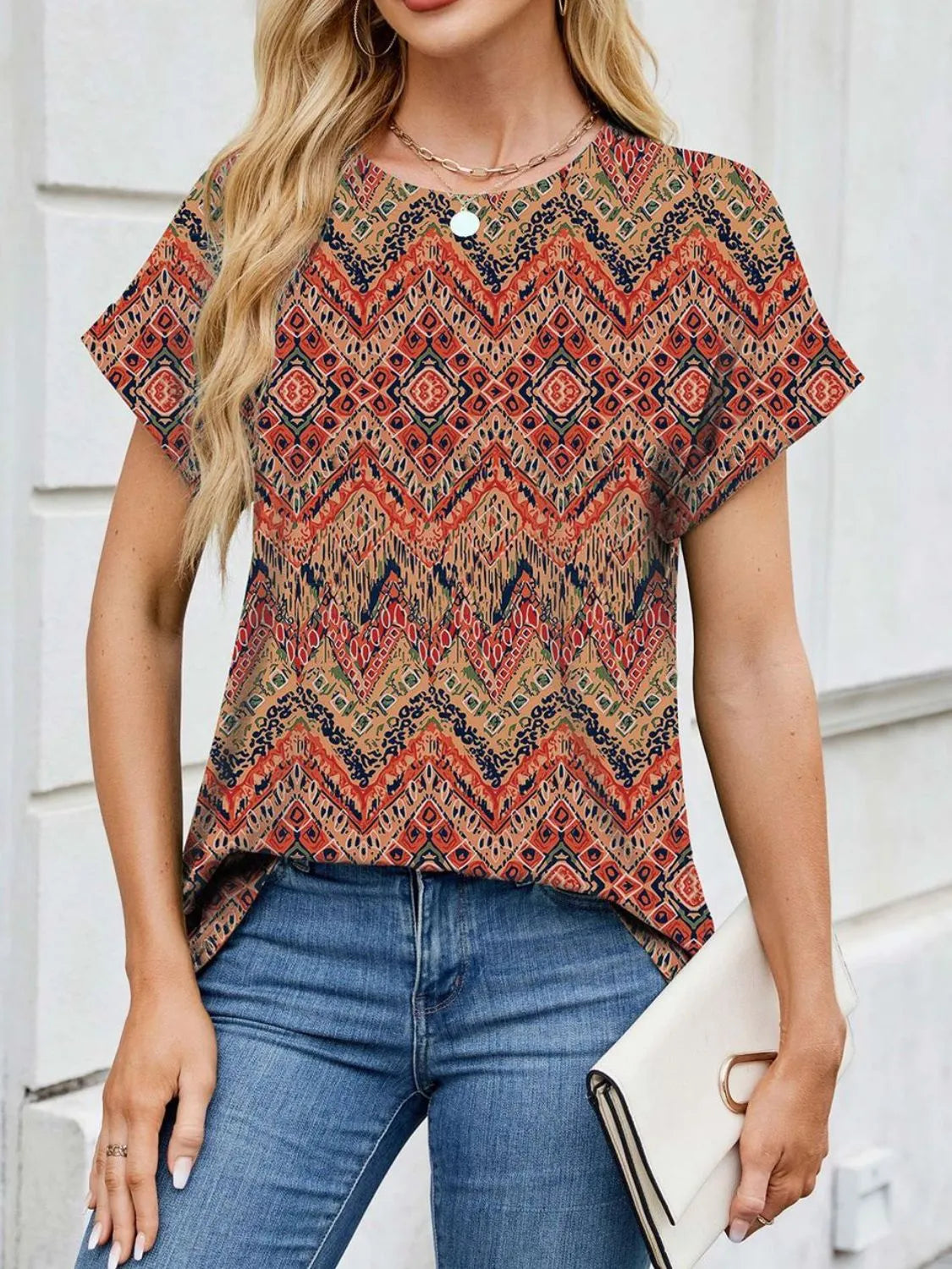 Printed Round Neck Short Sleeve Top (31)