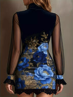Floral Velvet Mini Dress Sheer Mesh Sleeves (8)
