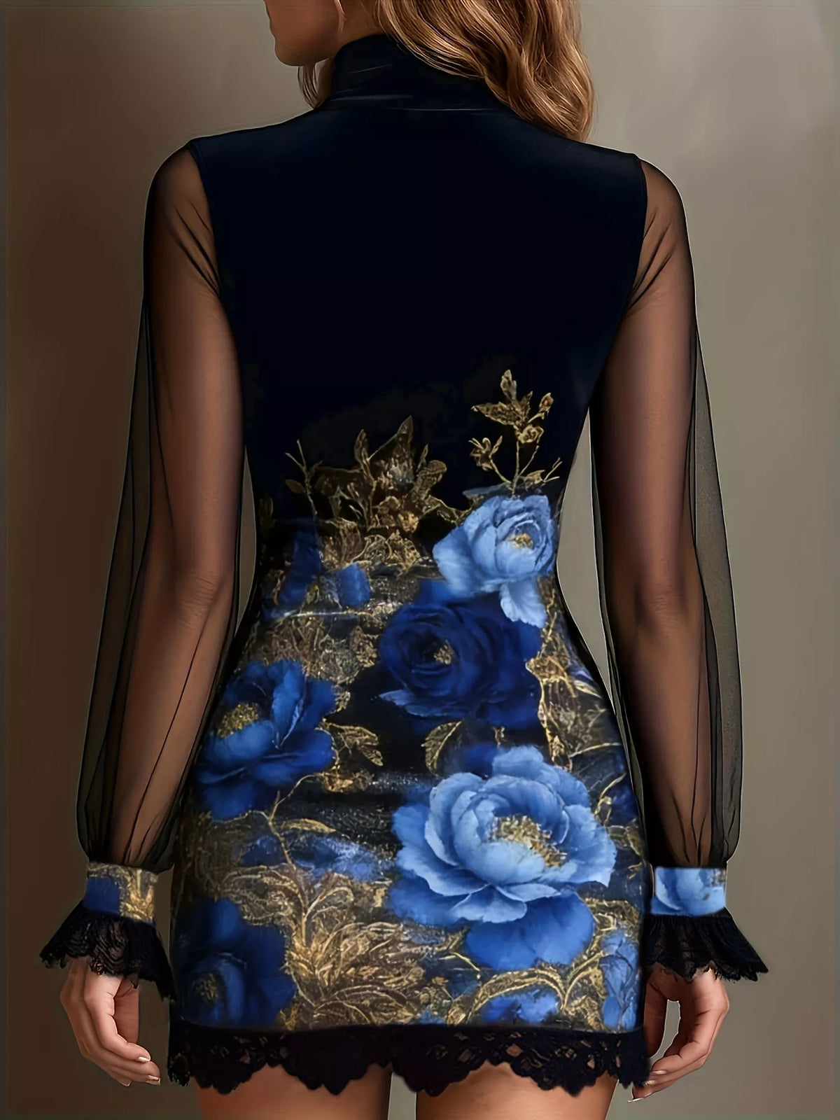 Floral Velvet Mini Dress Sheer Mesh Sleeves (8)
