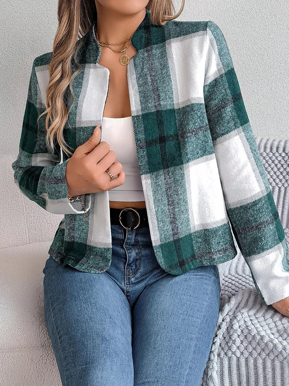 Plaid Open Front Long Sleeve Jacket (25)