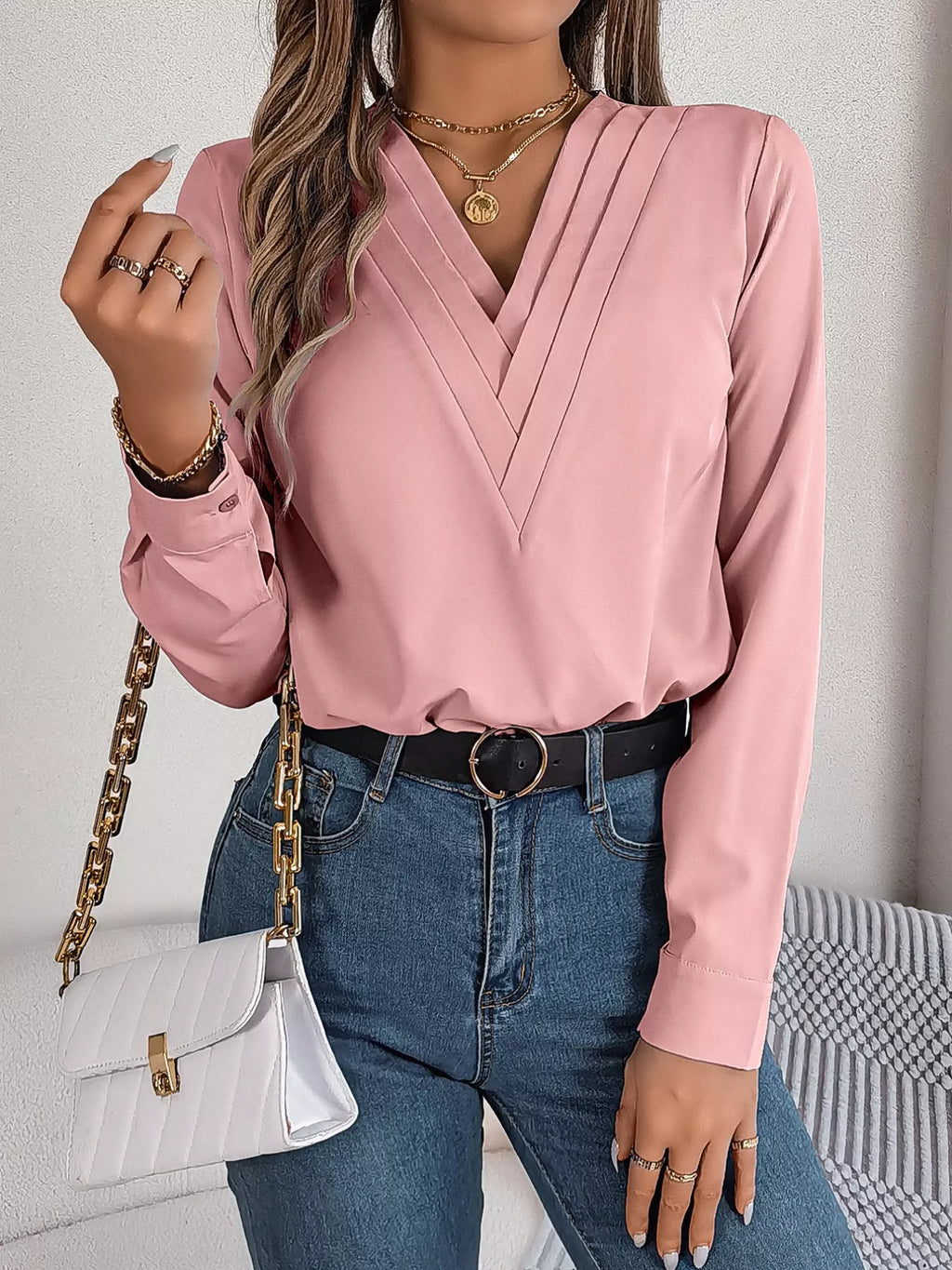 Layered V-neck Long Sleeve Blouse (7)