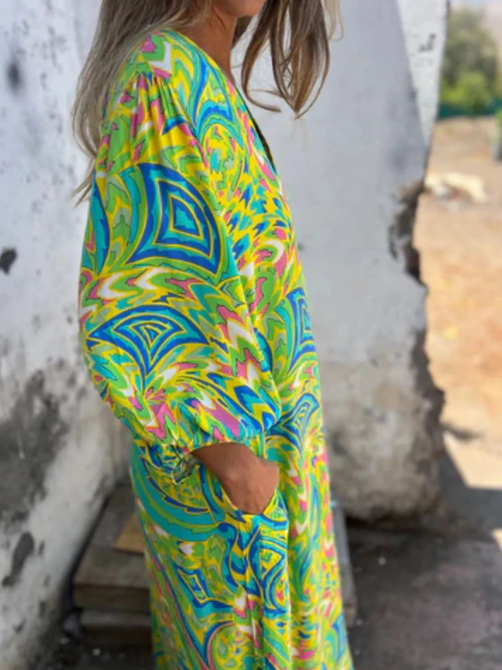 Full Size Printed V-neck Dress Pockets Plus (10)