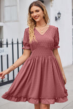 Swiss Dot Frill Trim Flounce Sleeve V-neck Dress (14)