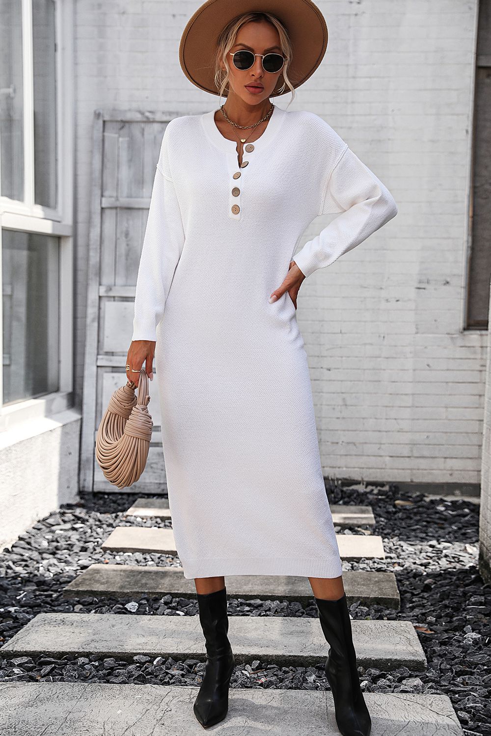 Notched Neck Dropped Shoulder Button-down Midi Dress (12)