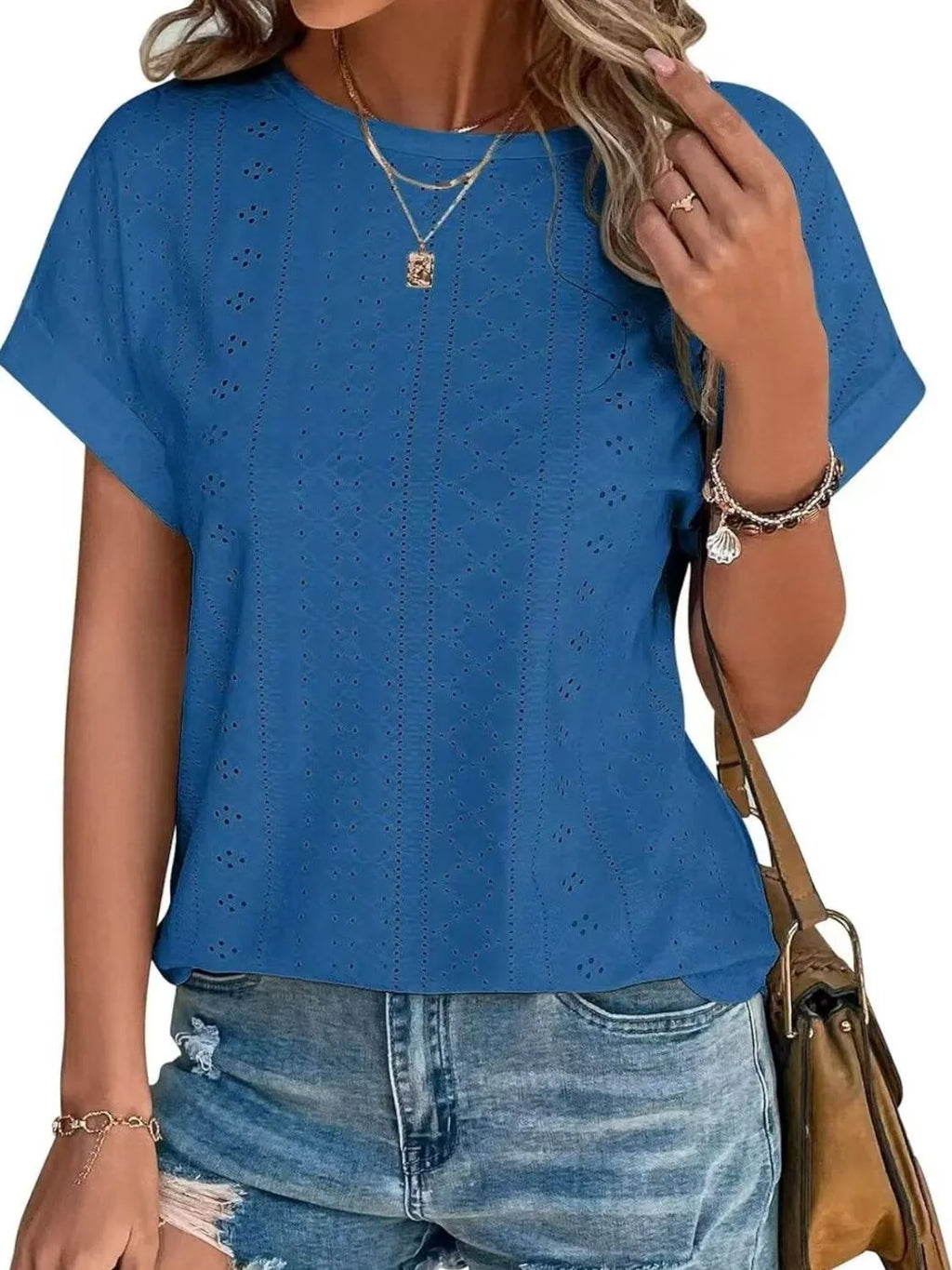 Eyelet Round Neck Short Sleeve Top (10)