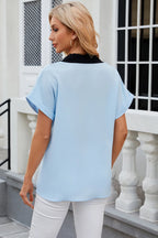 Contrast Johnny Collar Short Sleeve Blouse (20)