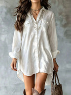 Casual Linen Shirt Dress Pockets