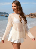 Openwork Slit Boat Neck Long Sleeve Cover-up (9)
