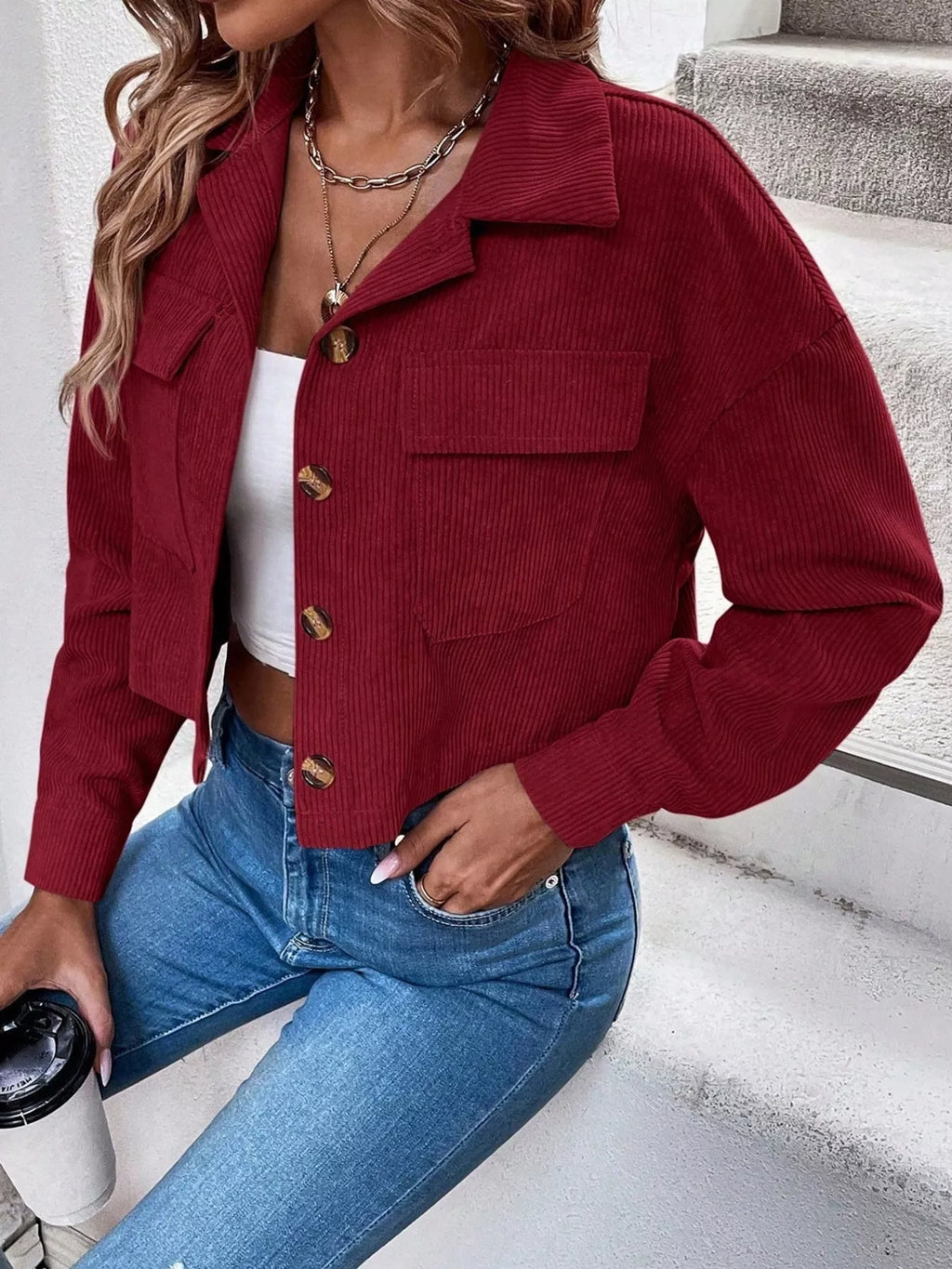 Cropped Corduroy Button-down Jacket (18)