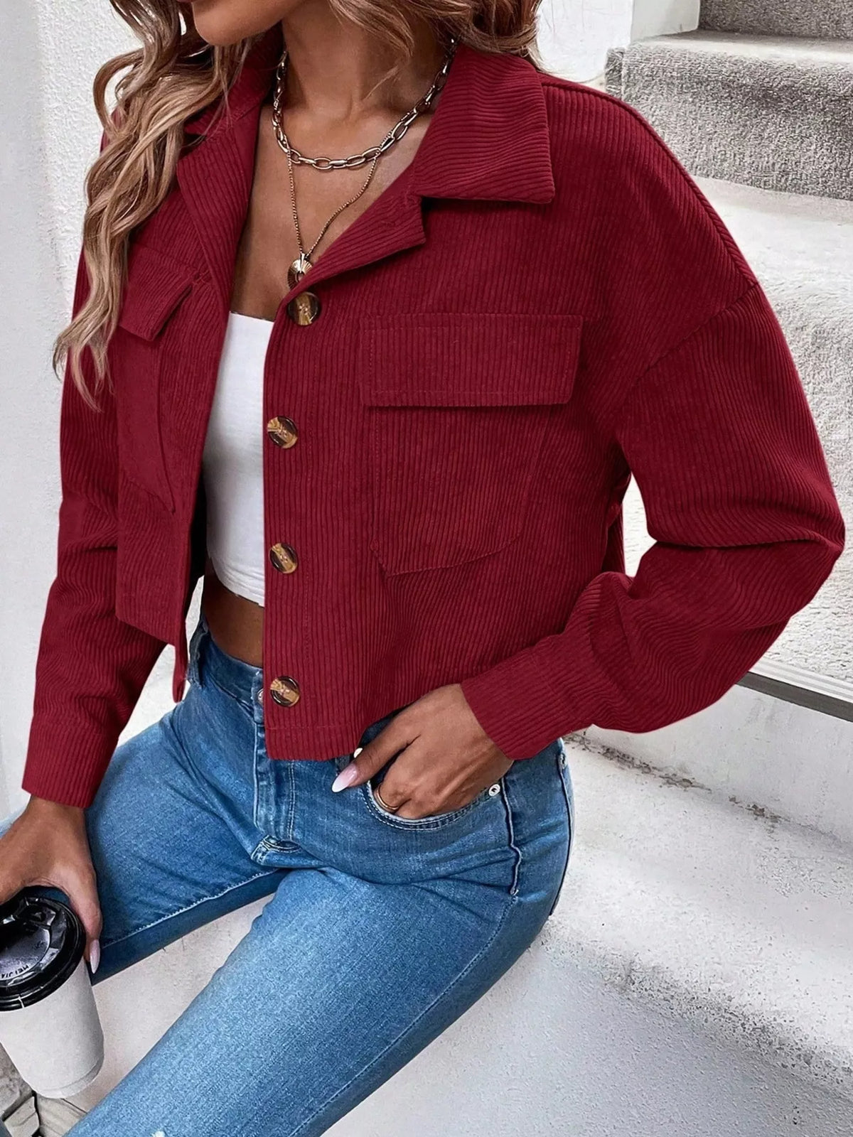 Cropped Corduroy Button-down Jacket (18)