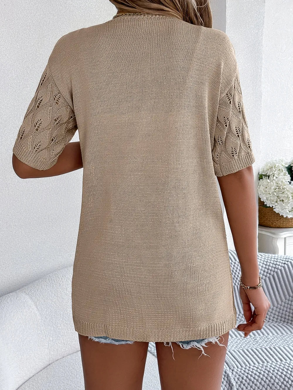 Openwork Open Front Short Sleeve Cardigan (5)