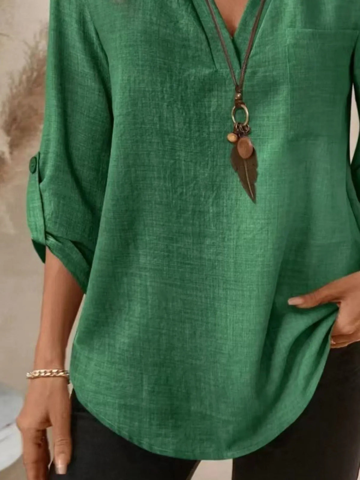 Casual Notched Roll-up Sleeve Pocket Blouse (11)