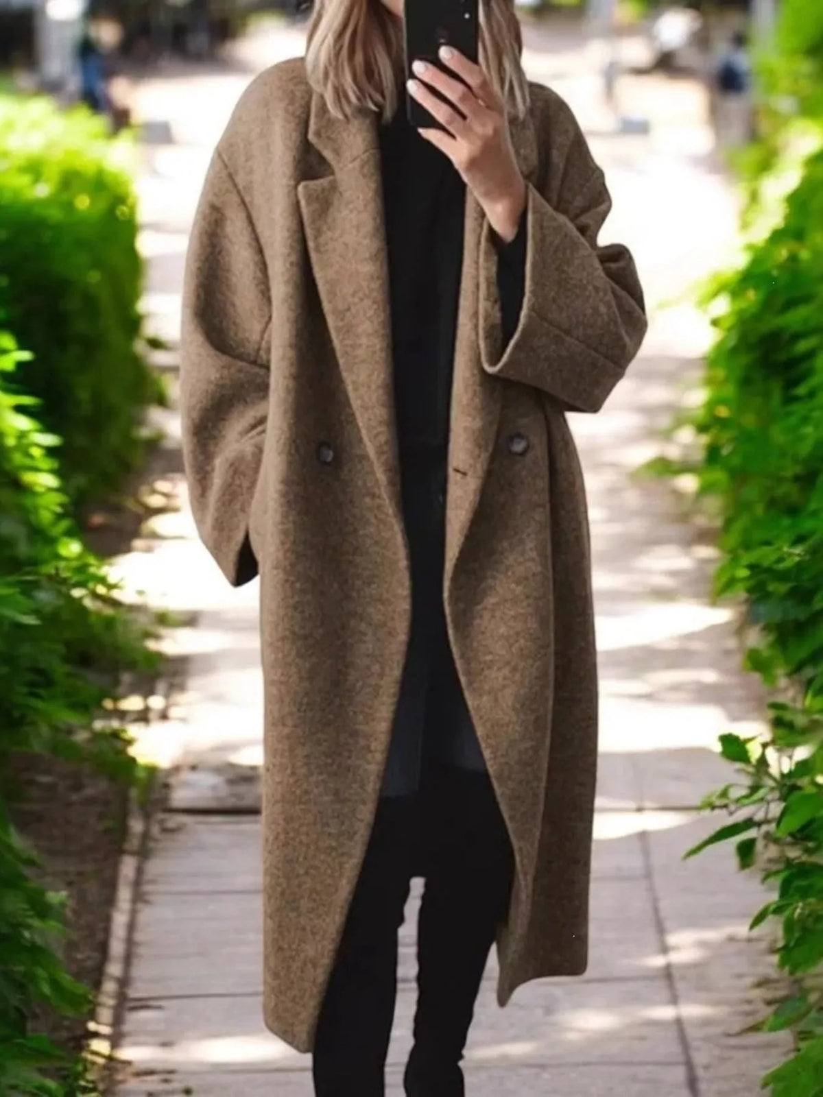 Full Size Lapel Collar Wool Blend Longline Coat Plus (6)