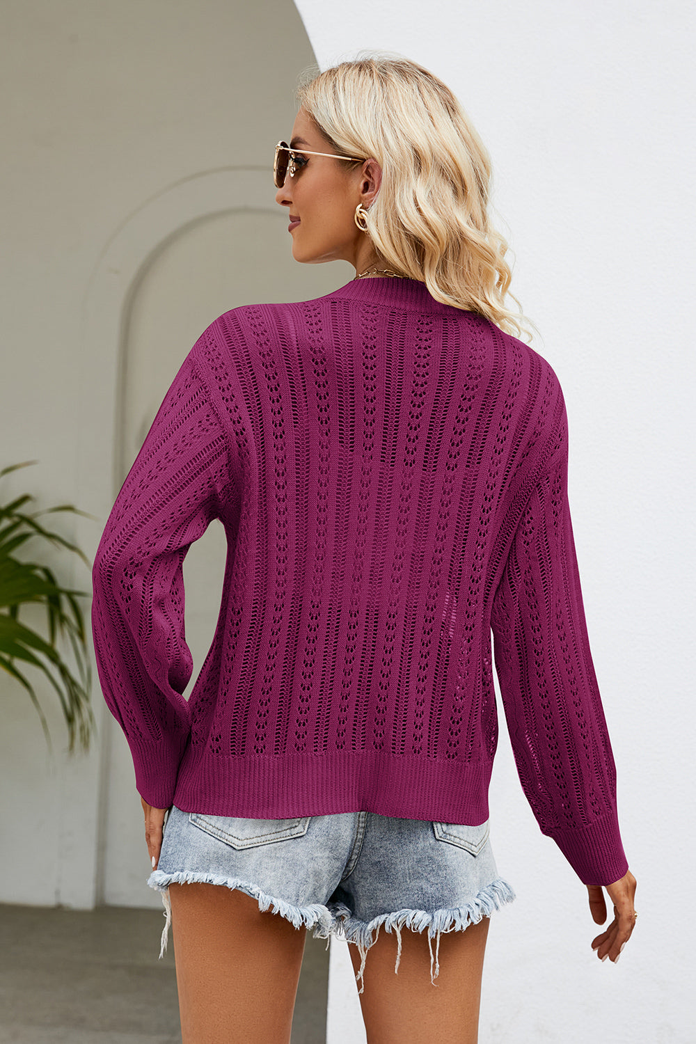 Openwork Button Front V-neck Cardigan (2)