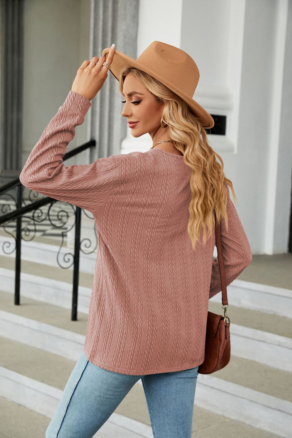 Decorative Button V-neck Long Sleeve T-shirt (12)