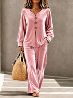 Elegant Velvet Decor-button Top Pants Set