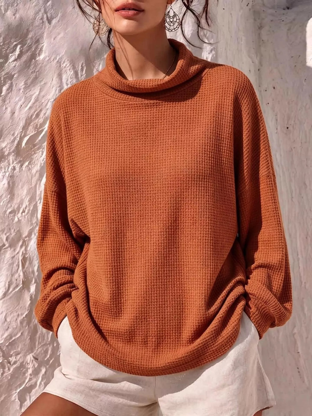 Full Size Waffle Knit Mock Neck Long Sleeve T-shirt Plus